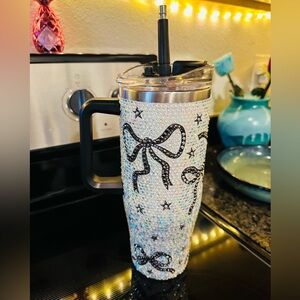 Glittering 40 oz Tumbler with Black Bow Design